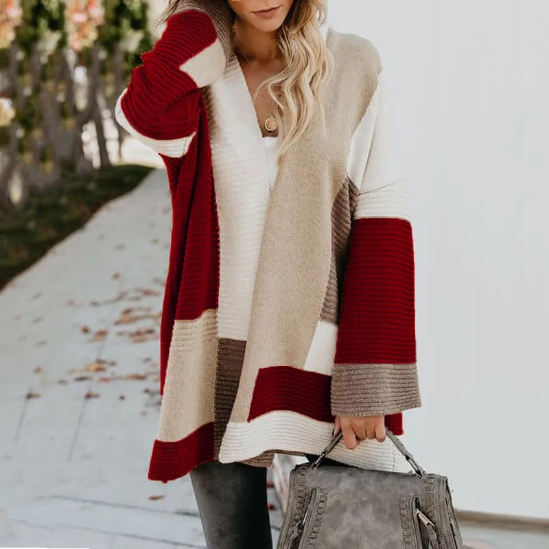 Oversized Colorblock Loose Bell Sleeve Cardigan Sweater