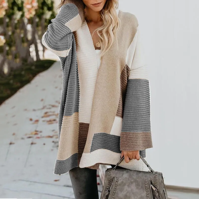 Oversized Colorblock Loose Bell Sleeve Cardigan Sweater