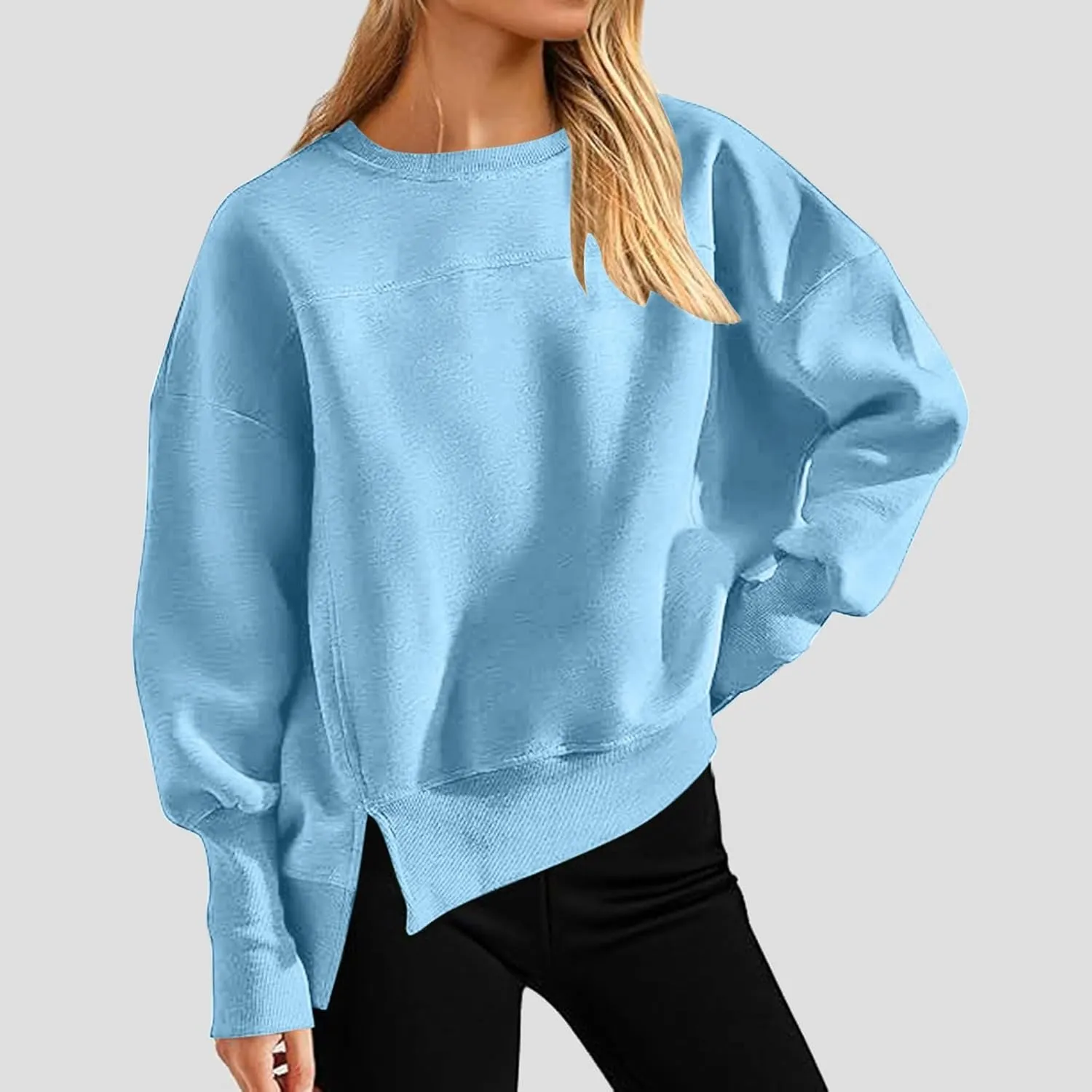 Oversized Crewneck Sweatshirt Women High Low Fleece Pullover Side Slit Drop Shoulder Soft Fall Sweatshirts No Hood