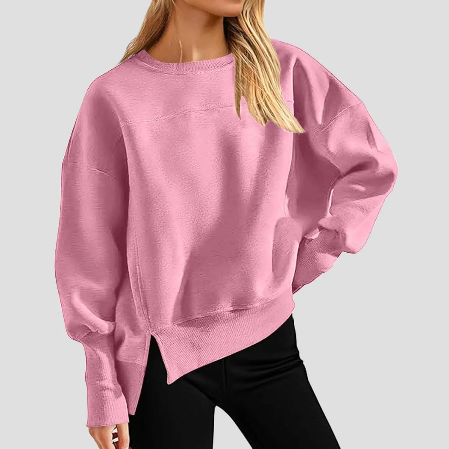 Oversized Crewneck Sweatshirt Women High Low Fleece Pullover Side Slit Drop Shoulder Soft Fall Sweatshirts No Hood