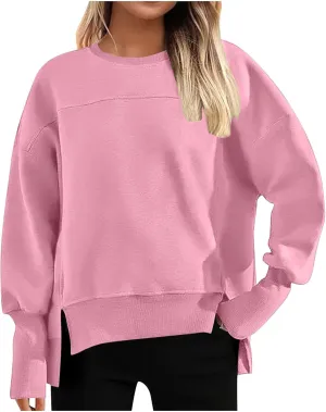 Oversized Crewneck Sweatshirt Women High Low Fleece Pullover Side Slit Drop Shoulder Soft Fall Sweatshirts No Hood