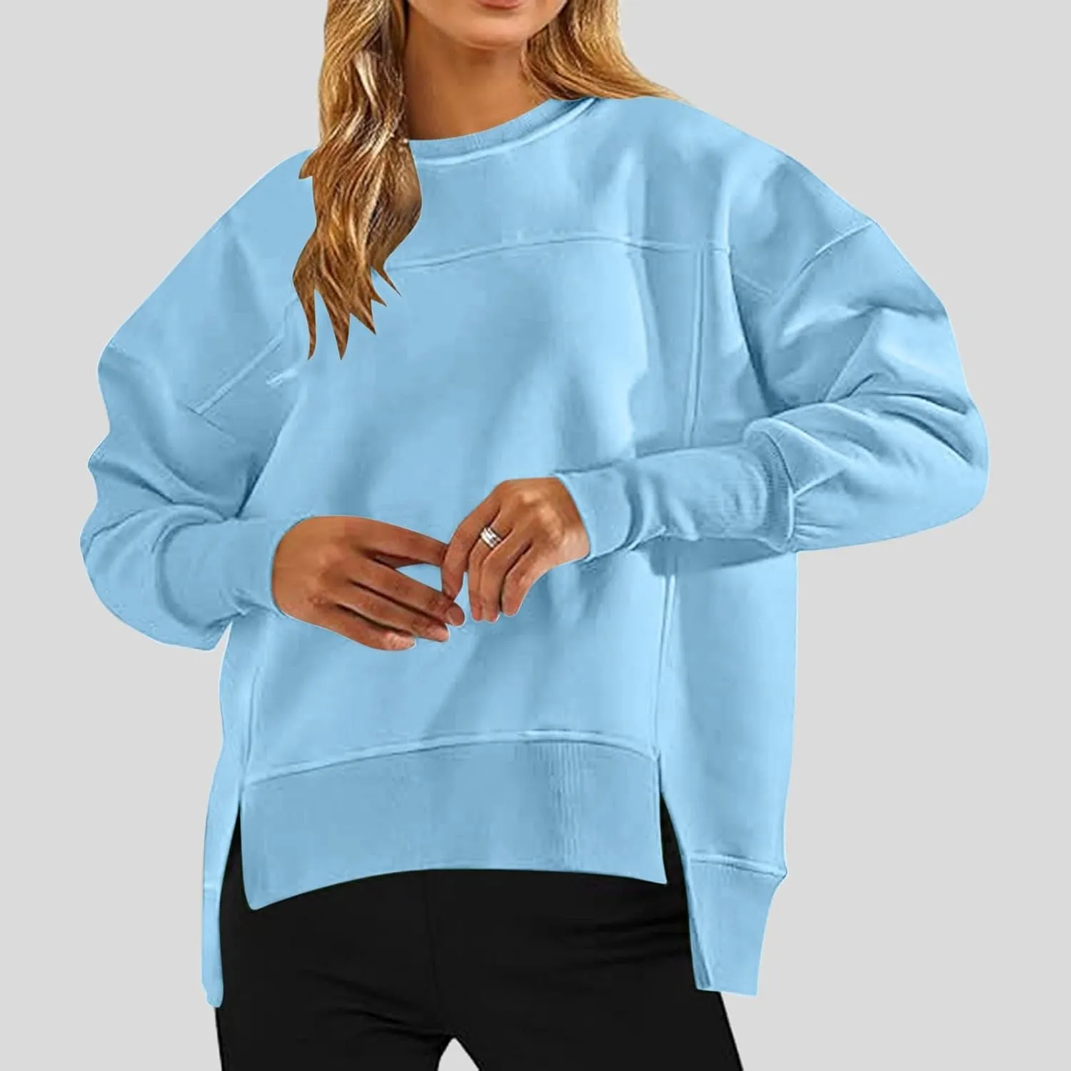 Oversized Crewneck Sweatshirt Women High Low Fleece Pullover Side Slit Drop Shoulder Soft Fall Sweatshirts No Hood
