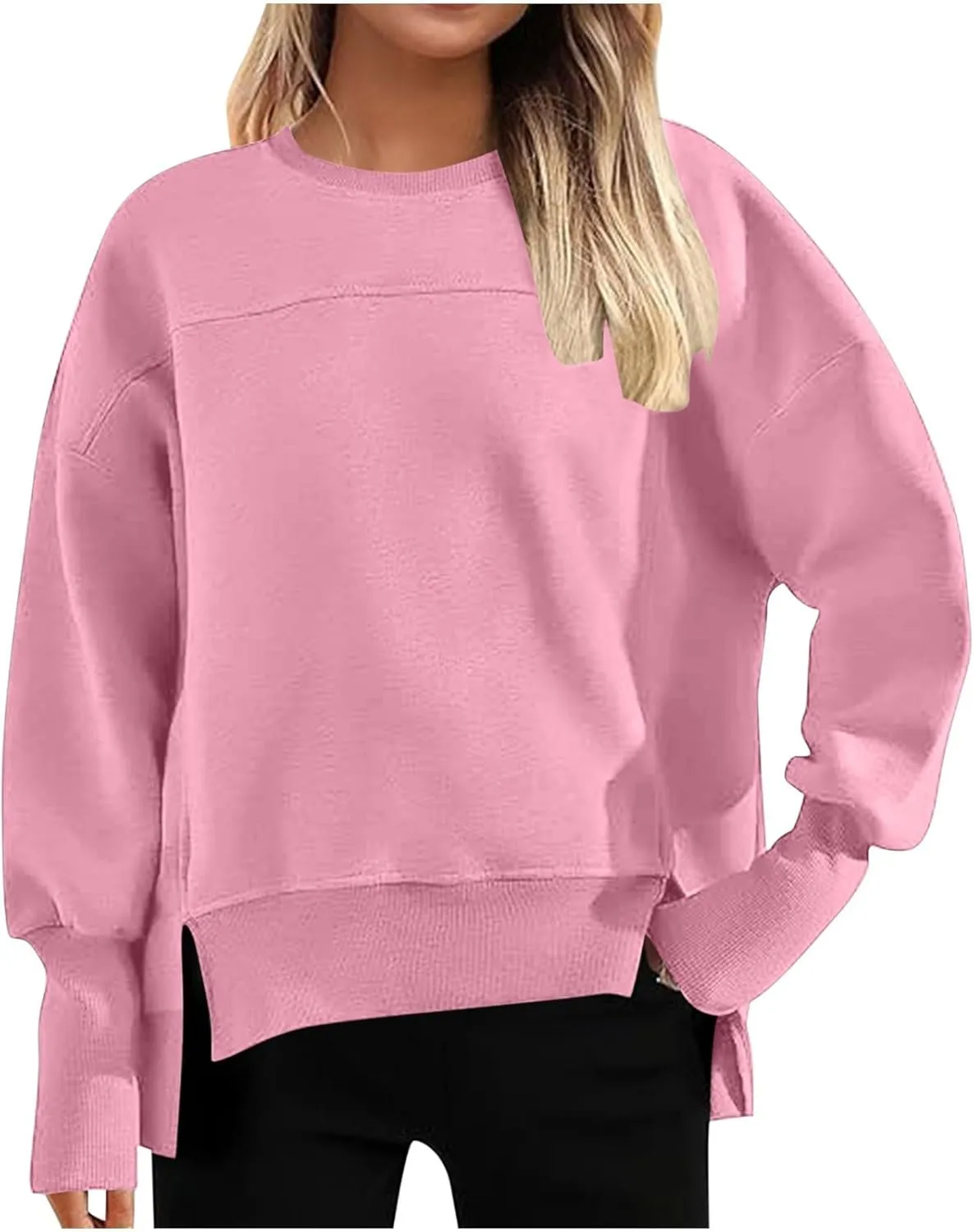 Oversized Crewneck Sweatshirt Women High Low Fleece Pullover Side Slit Drop Shoulder Soft Fall Sweatshirts No Hood