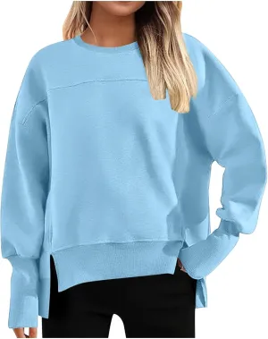 Oversized Crewneck Sweatshirt Women High Low Fleece Pullover Side Slit Drop Shoulder Soft Fall Sweatshirts No Hood