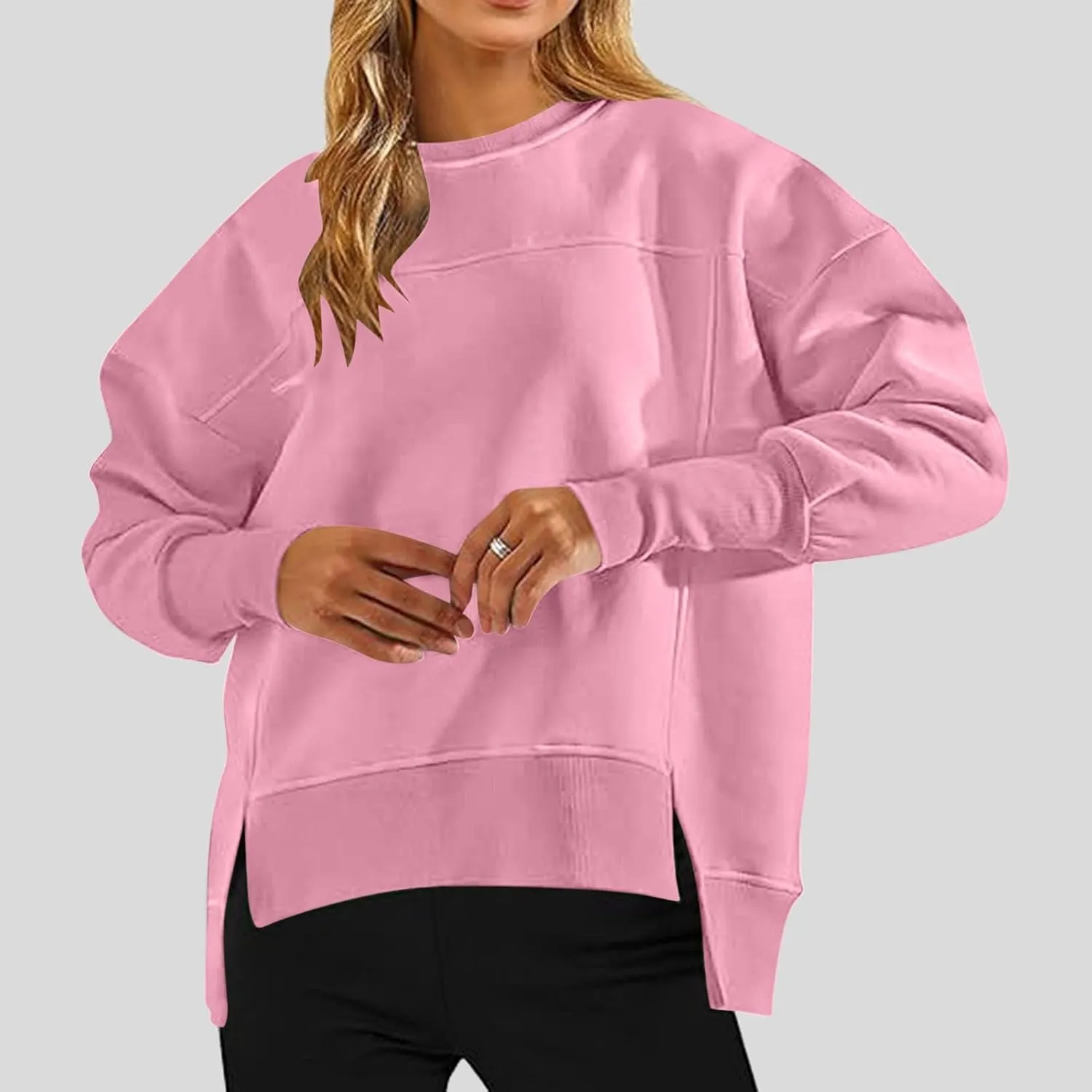 Oversized Crewneck Sweatshirt Women High Low Fleece Pullover Side Slit Drop Shoulder Soft Fall Sweatshirts No Hood