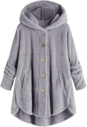 Oversized Sherpa Sweatshirt Fuzzy Fleece Soft Warm Pullover Sweater Button Hoodie Pocket Plush Coat