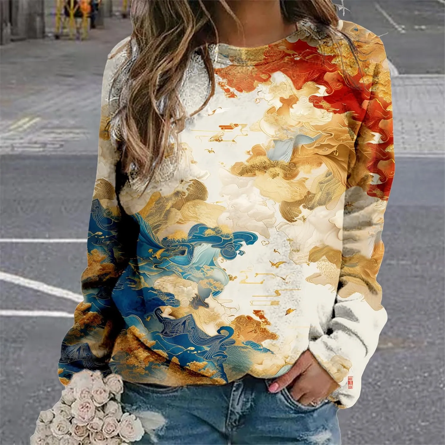 Oversized Sweatshirts for Women Trendy Crewneck Pullover Soft Comfy Crewneck Graphic Casual Long Sleeve Shirts