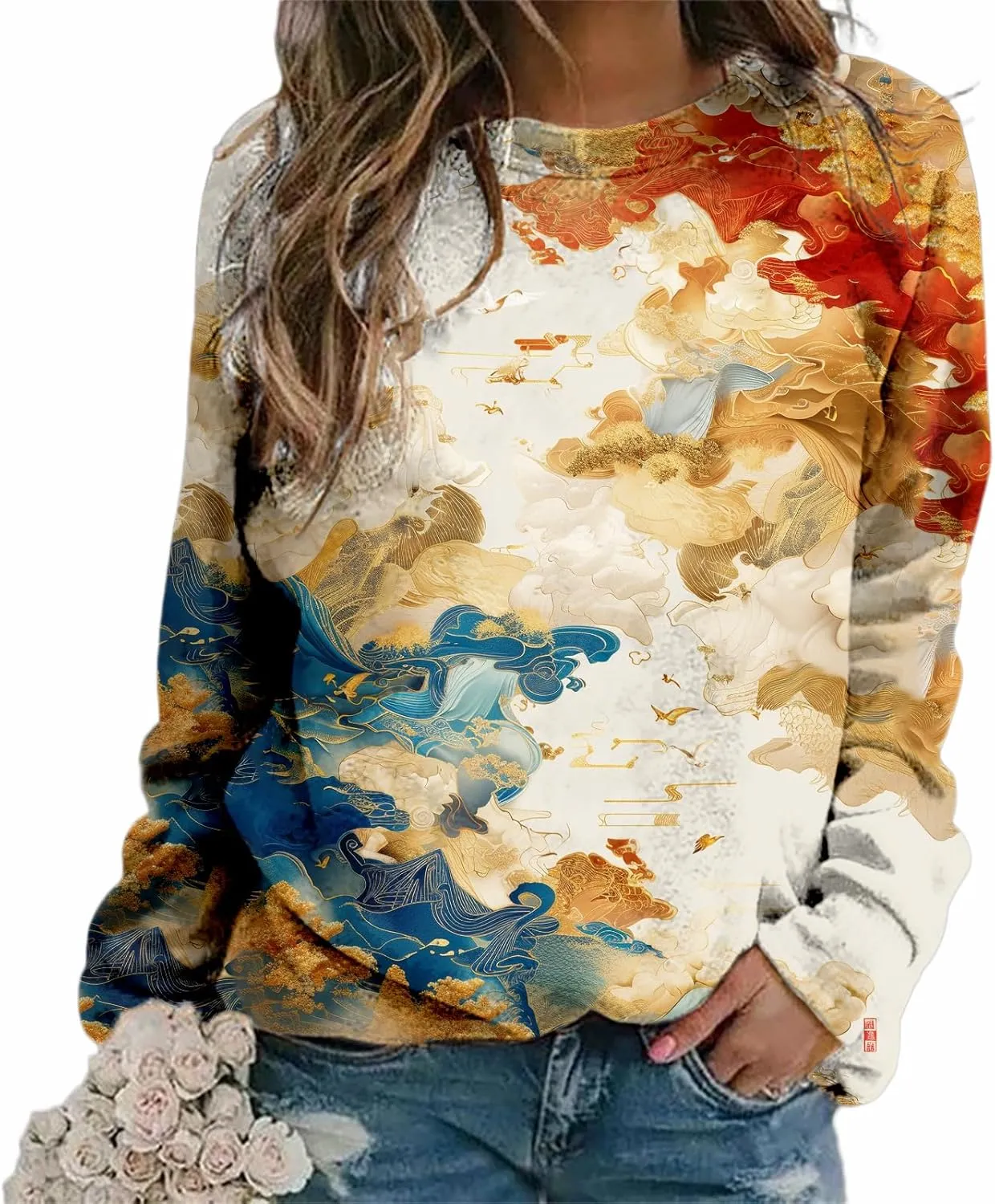 Oversized Sweatshirts for Women Trendy Crewneck Pullover Soft Comfy Crewneck Graphic Casual Long Sleeve Shirts
