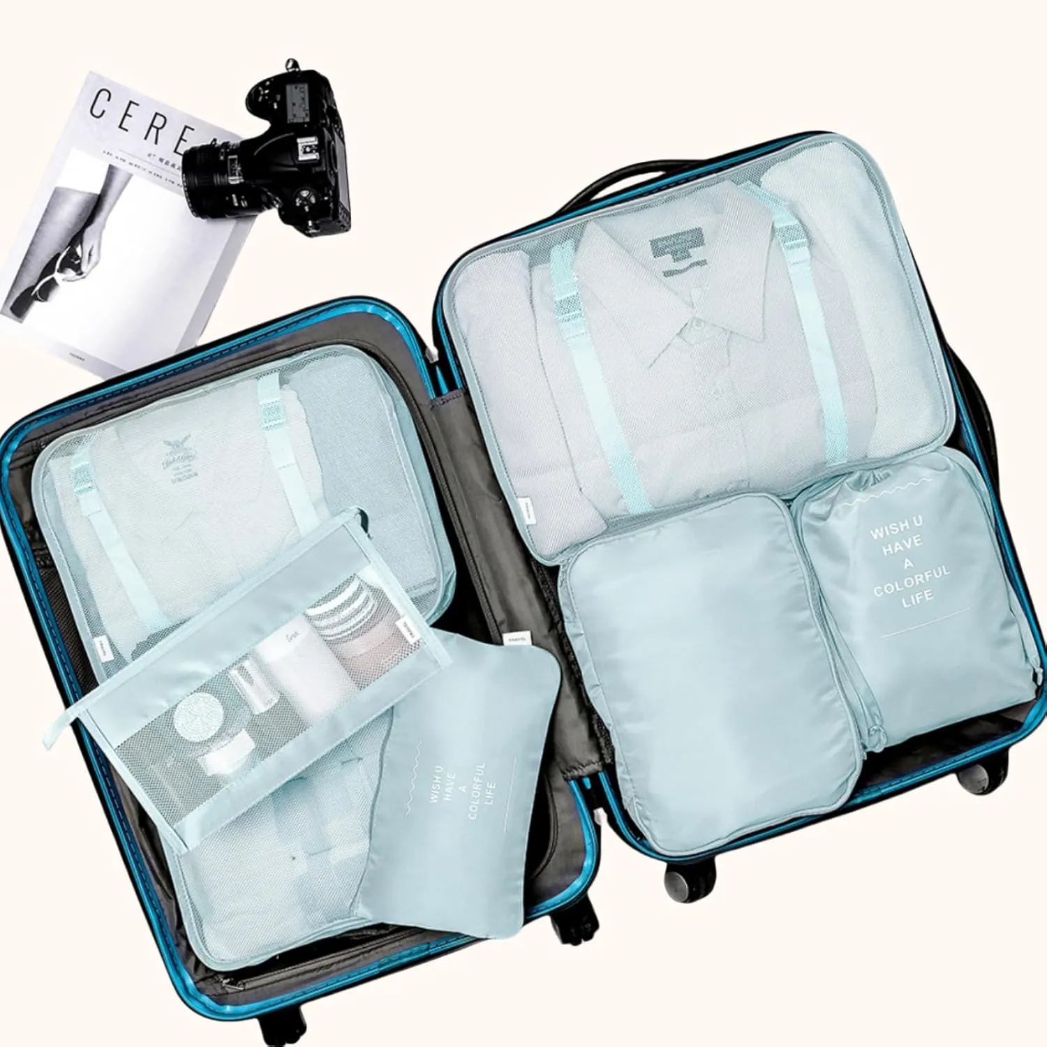 Packing Cubes 7 Pcs Travel Luggage Packing Organizers Set with Toiletry Bag (Pale blue)