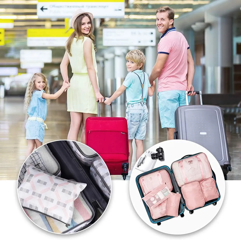 Packing Cubes VAGREEZ 7 Pcs Travel Luggage Packing Organizers Set with Toiletry Bag (Pink)