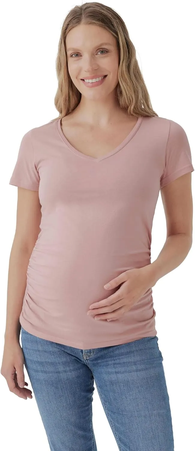Pact Organic Cotton V-Neck Ruched Maternity Tee Shirts, Soft Pregnancy Top with Stretch