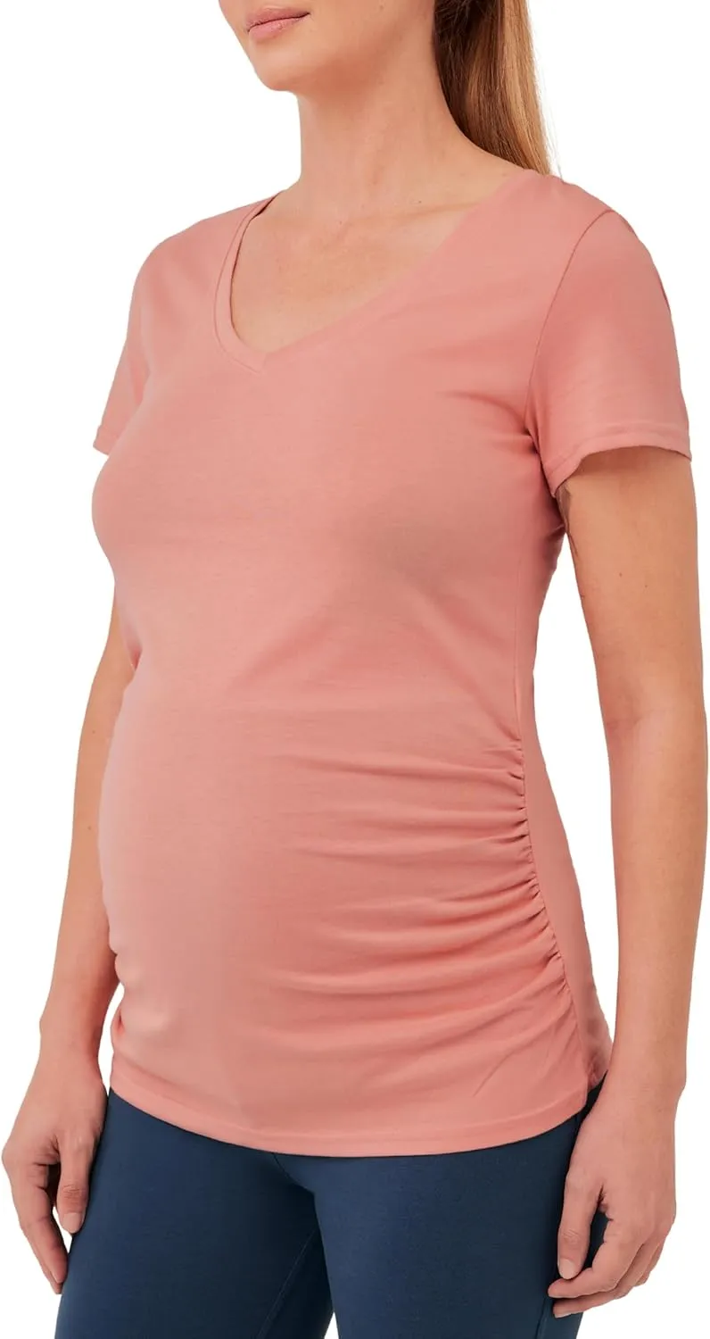 Pact Organic Cotton V-Neck Ruched Maternity Tee Shirts, Soft Pregnancy Top with Stretch