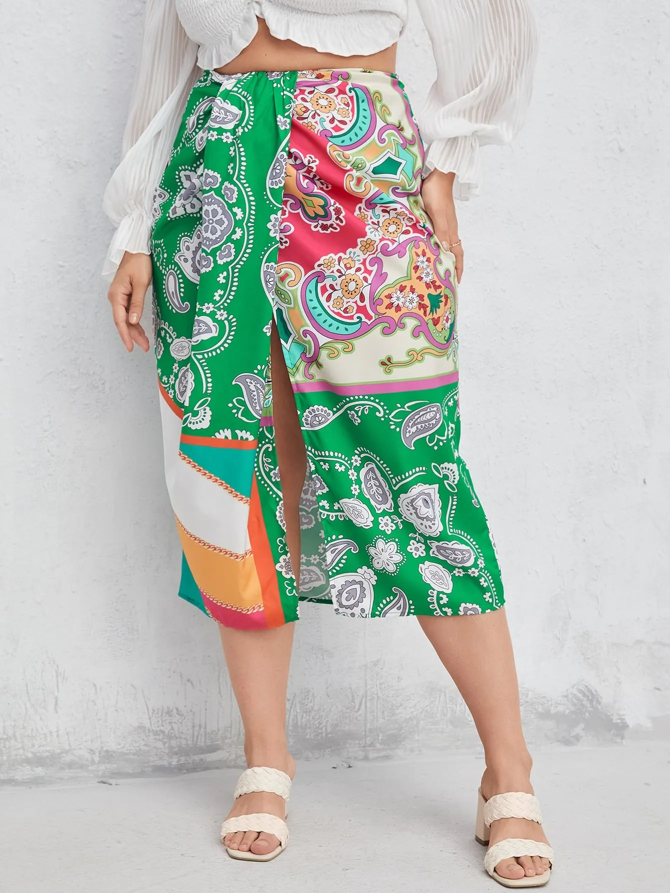 Paisley Split Thigh Long Plus Size Skirt