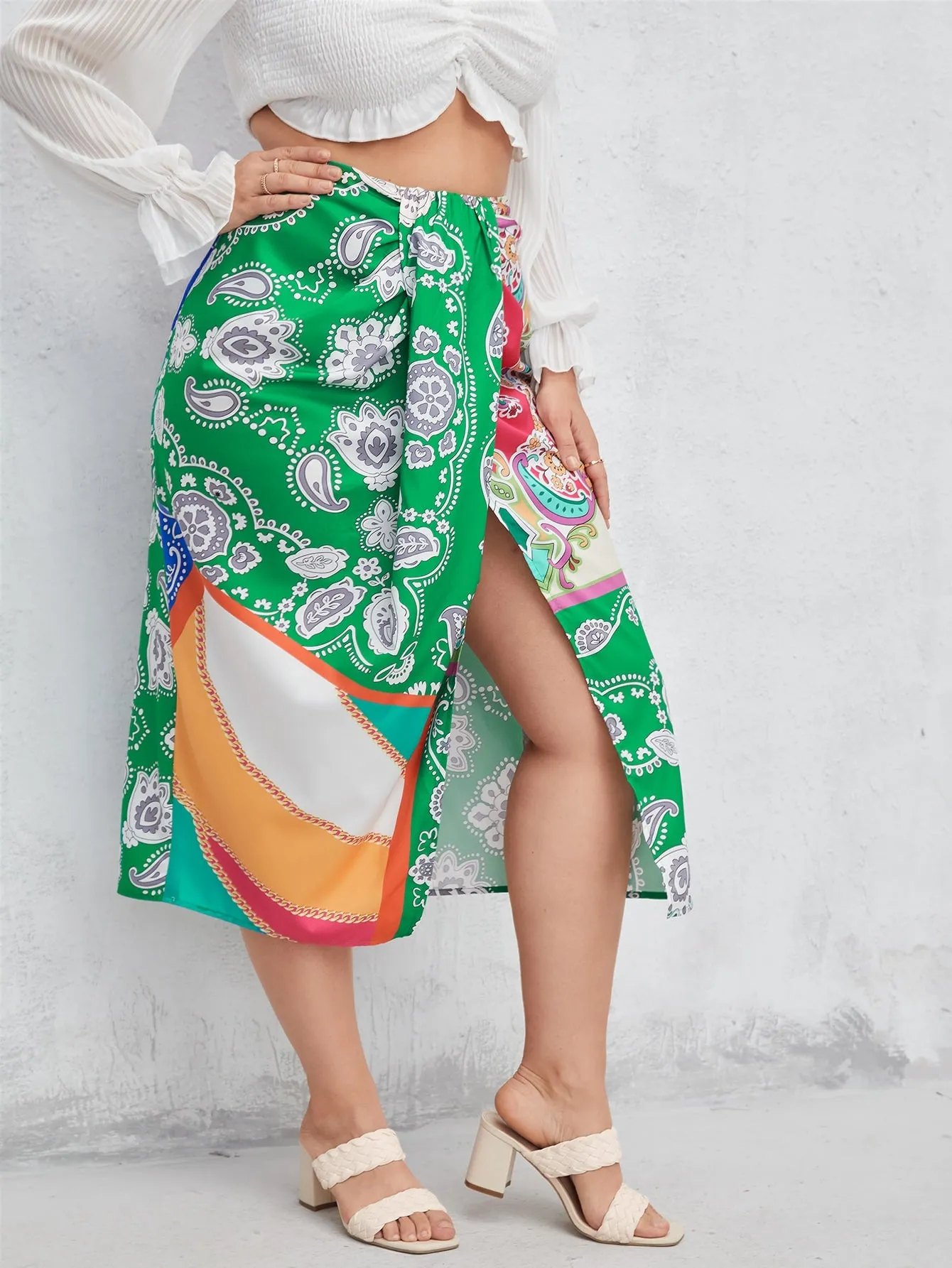 Paisley Split Thigh Long Plus Size Skirt