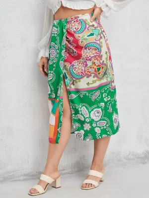 Paisley Split Thigh Long Plus Size Skirt