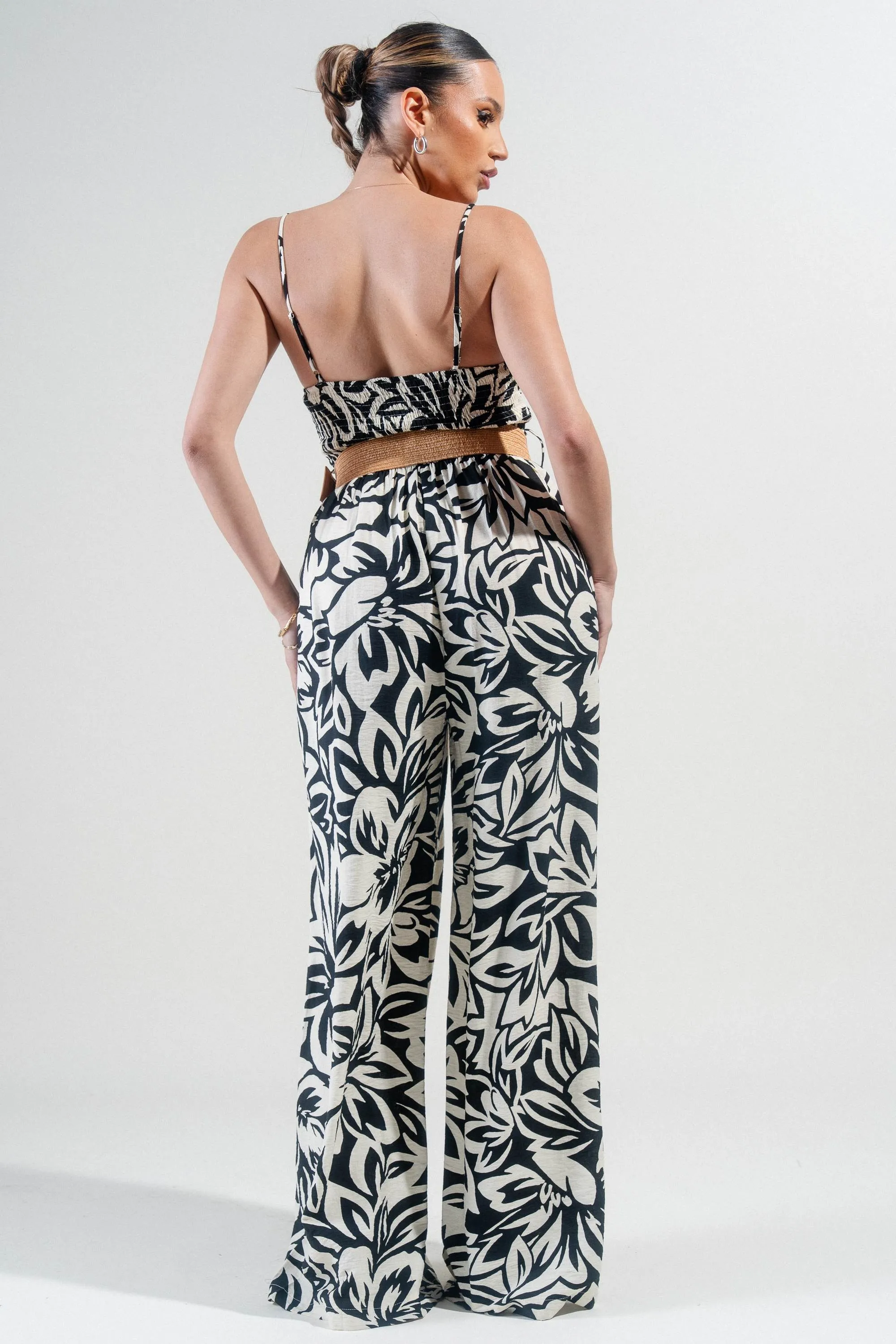 PJ11223B / THICK RAYON LINEN BLEND SMOCKED TUBE TOP & PLEATED WIDE LEG PANTS JUMPSUITS