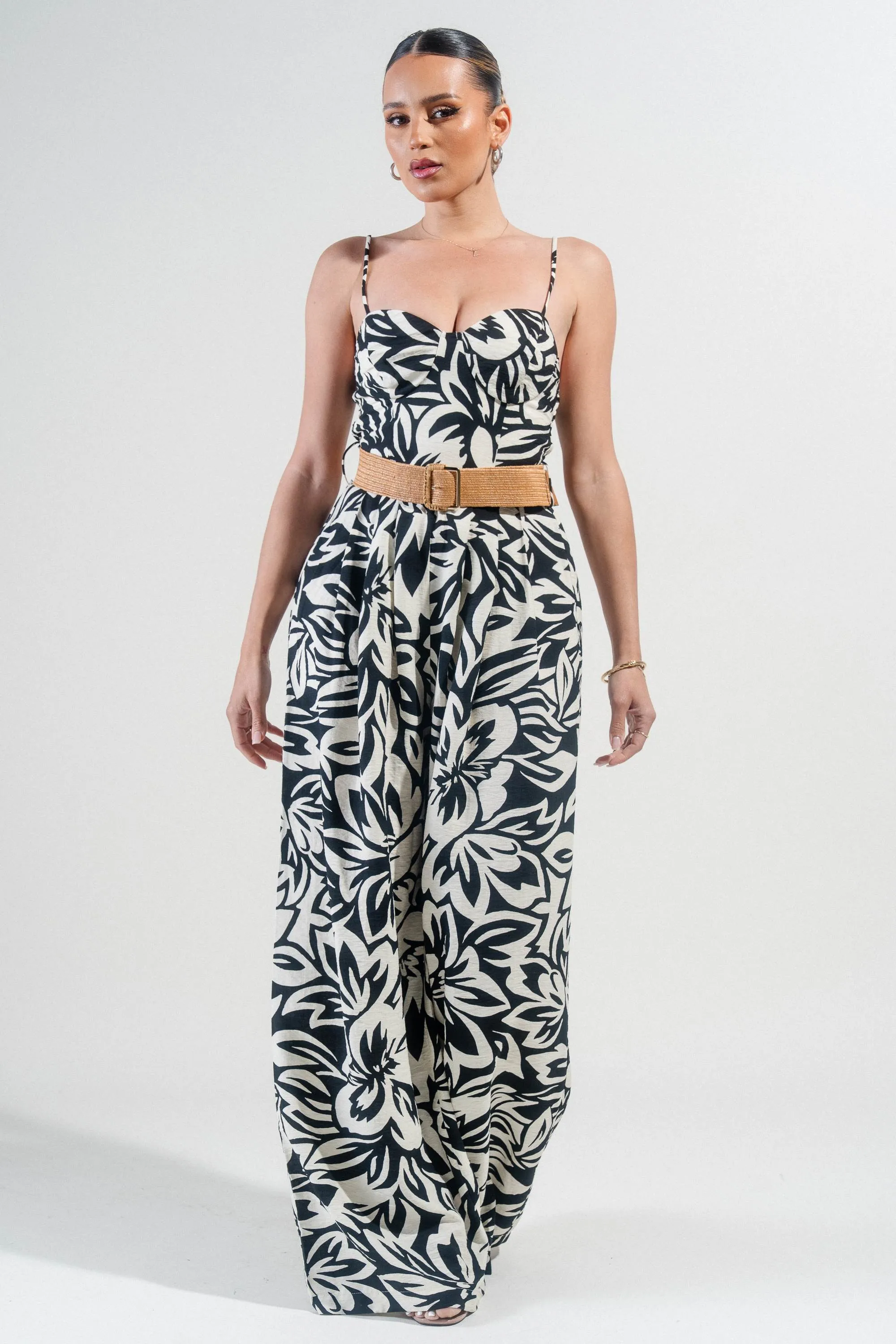 PJ11223B / THICK RAYON LINEN BLEND SMOCKED TUBE TOP & PLEATED WIDE LEG PANTS JUMPSUITS
