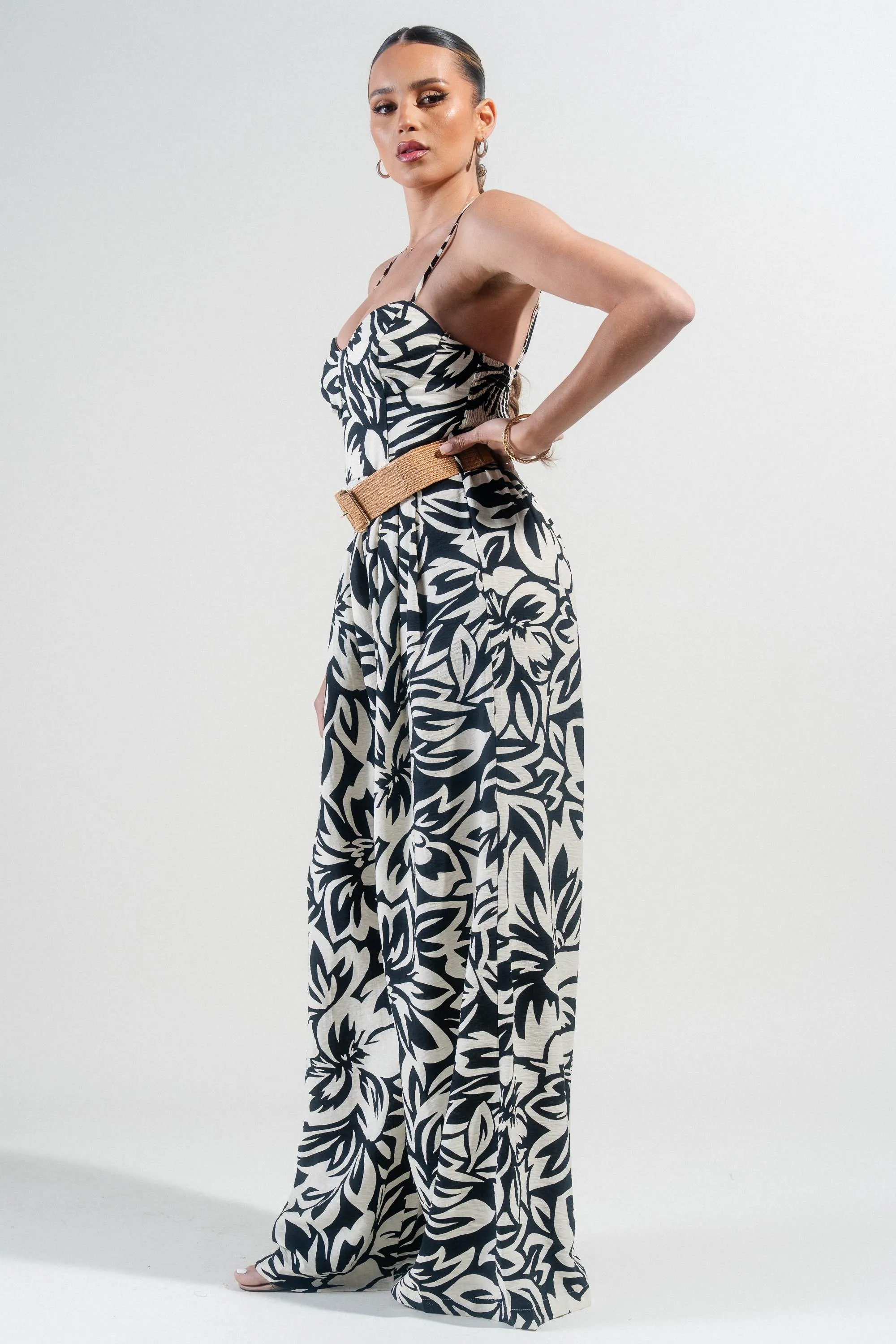 PJ11223B / THICK RAYON LINEN BLEND SMOCKED TUBE TOP & PLEATED WIDE LEG PANTS JUMPSUITS
