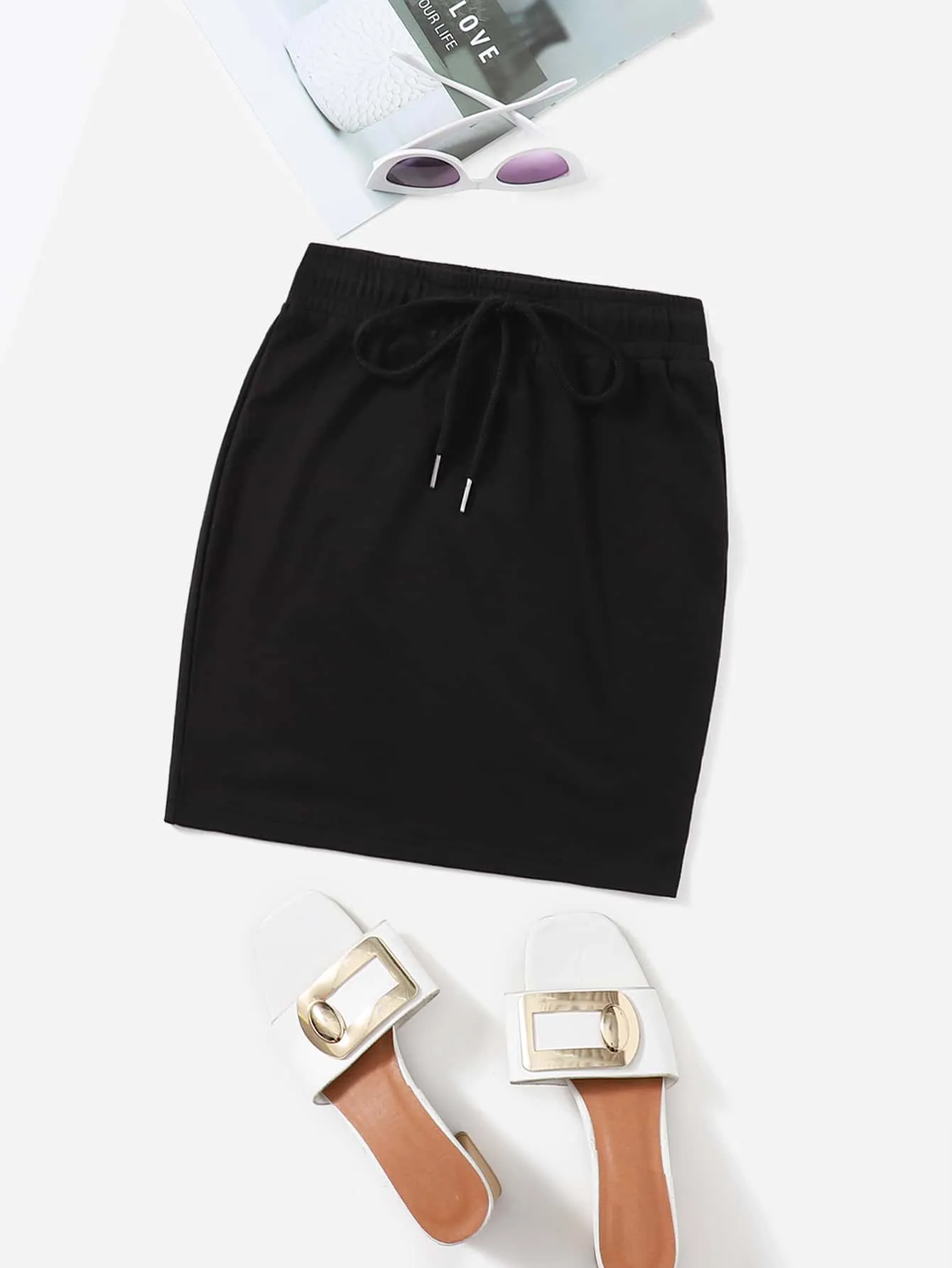 Plain Drawstring Mini Plus Size Skirt