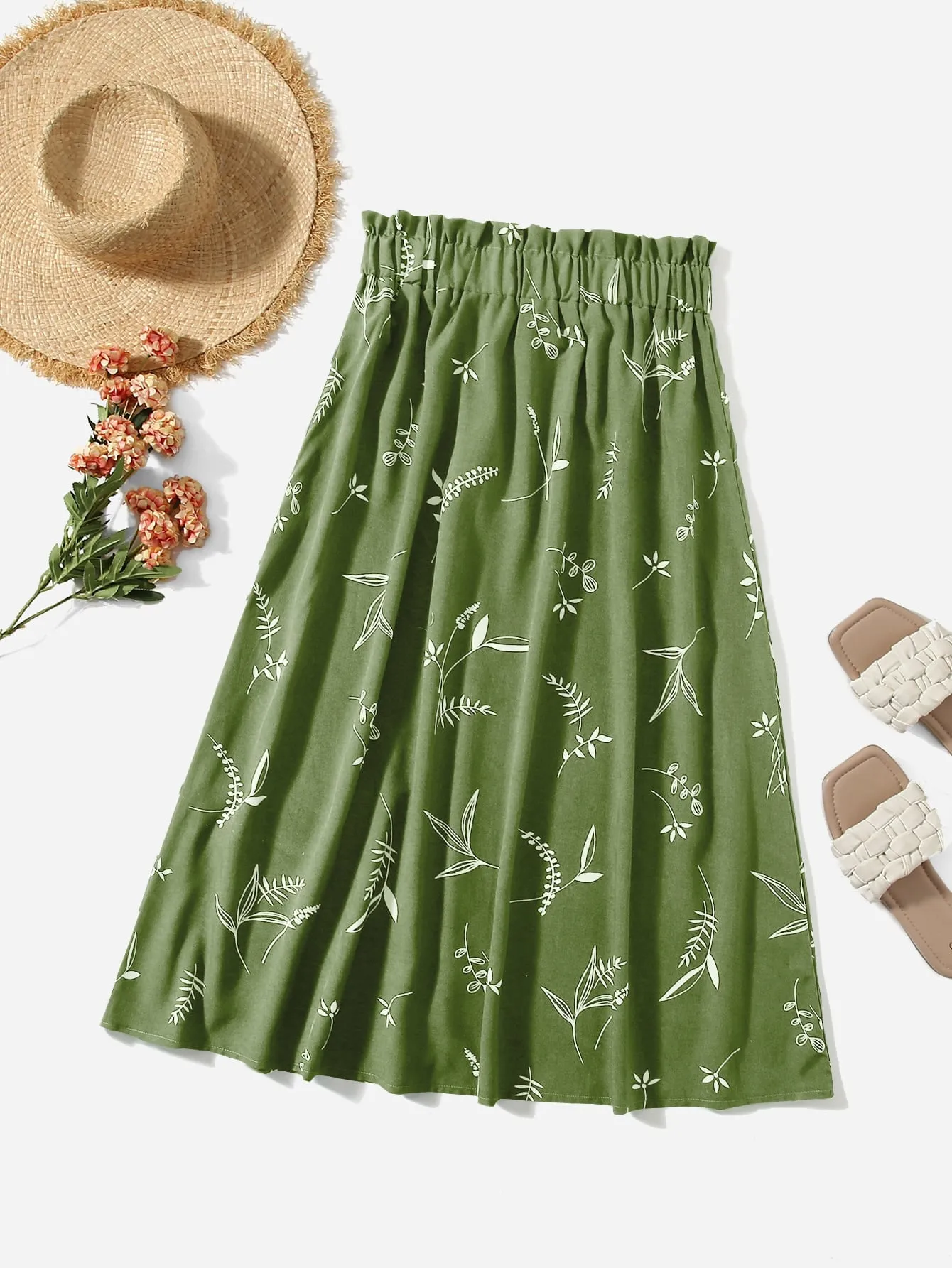 Plants Paper Bag Waist Midi Plus Size Skirt