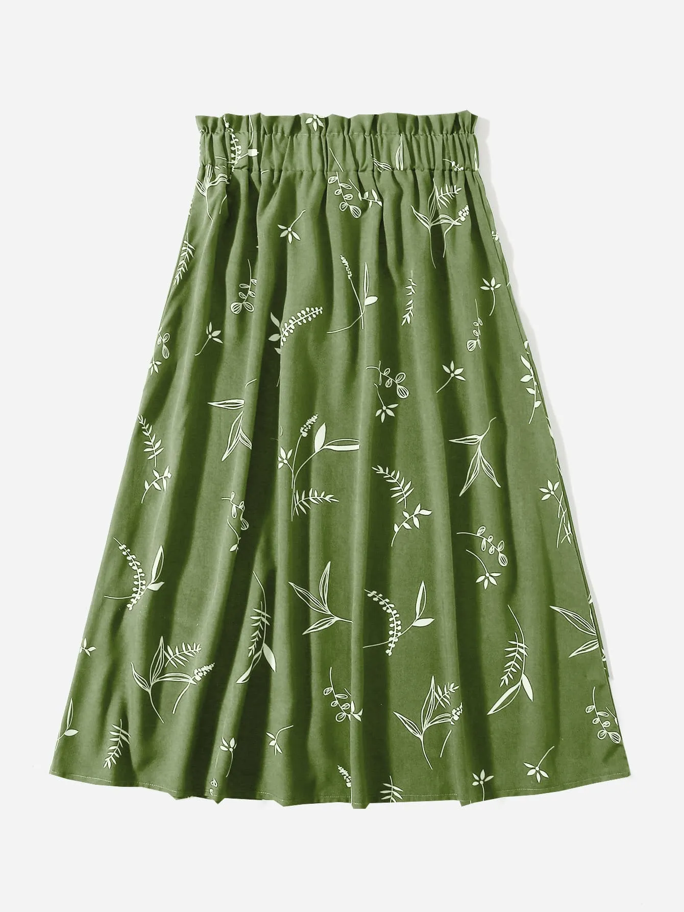 Plants Paper Bag Waist Midi Plus Size Skirt