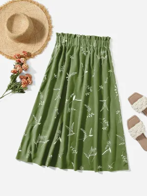 Plants Paper Bag Waist Midi Plus Size Skirt