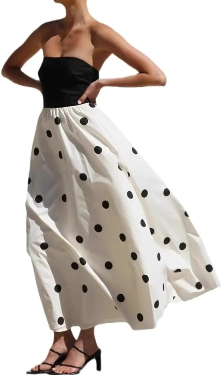 Polka Dot Maxi Dress for Women Black and White A-Line Skirt with Elastic Waist Flowy and Comfortable for Casual Wear