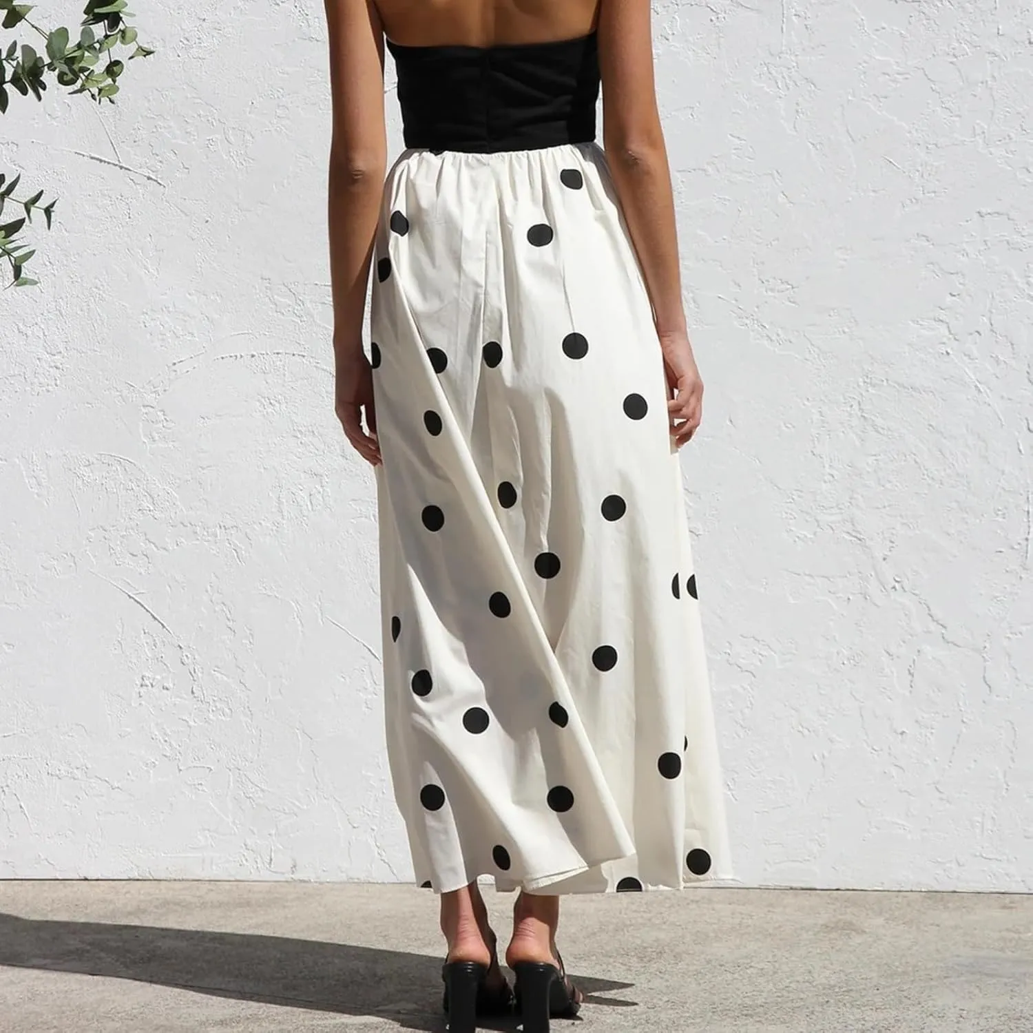 Polka Dot Maxi Dress for Women Black and White A-Line Skirt with Elastic Waist Flowy and Comfortable for Casual Wear
