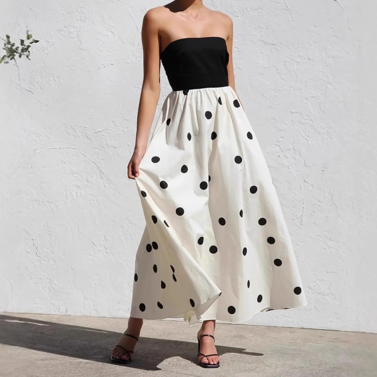 Polka Dot Maxi Dress for Women Black and White A-Line Skirt with Elastic Waist Flowy and Comfortable for Casual Wear