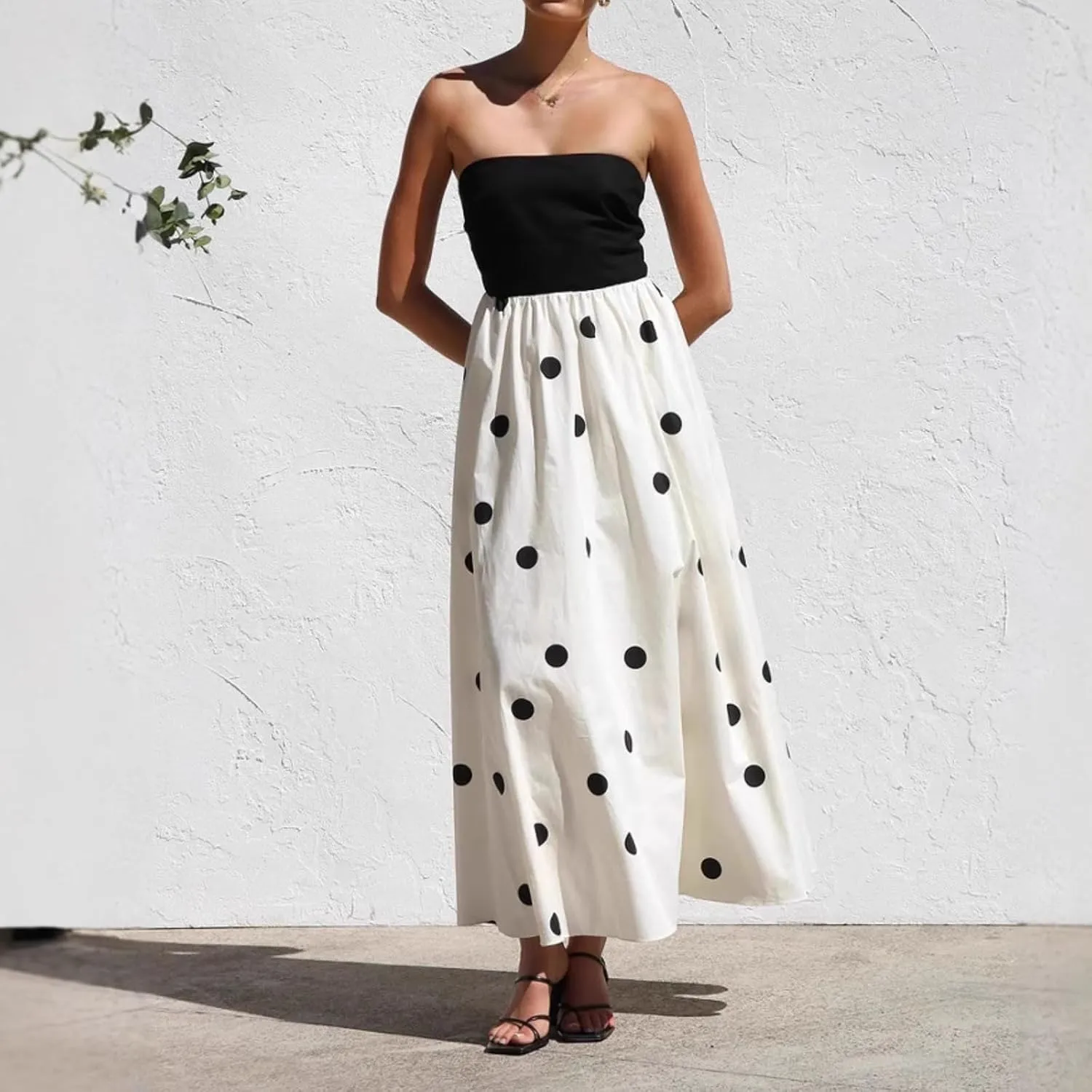 Polka Dot Maxi Dress for Women Black and White A-Line Skirt with Elastic Waist Flowy and Comfortable for Casual Wear