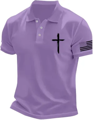 Polo Shirts for Men Christian Cross American Flag Pirnt Golf T-Shirts Summer Short Sleeve Button Down Patriotic Tops
