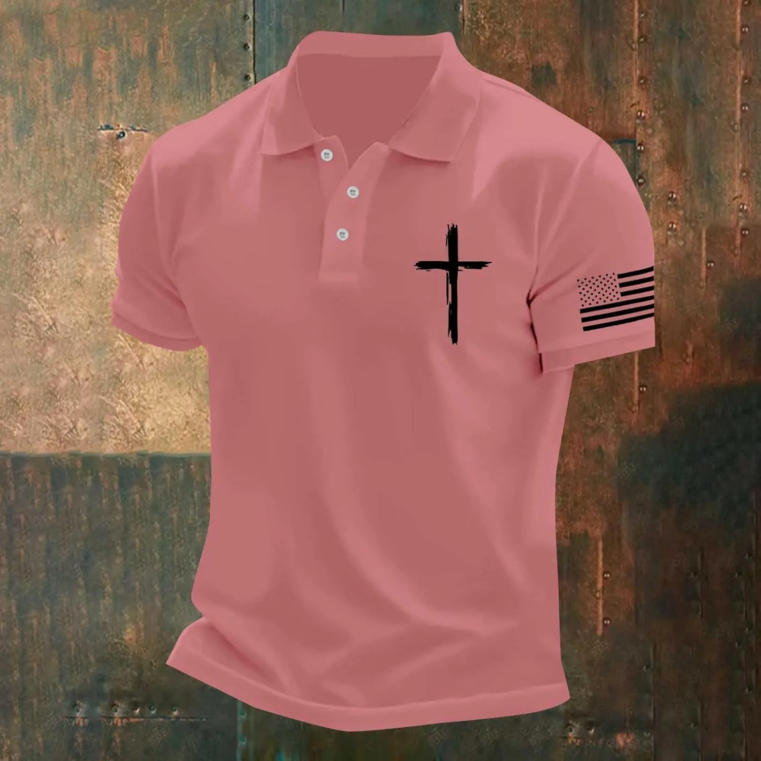 Polo Shirts for Men Christian Cross American Flag Pirnt Golf T-Shirts Summer Short Sleeve Button Down Patriotic Tops