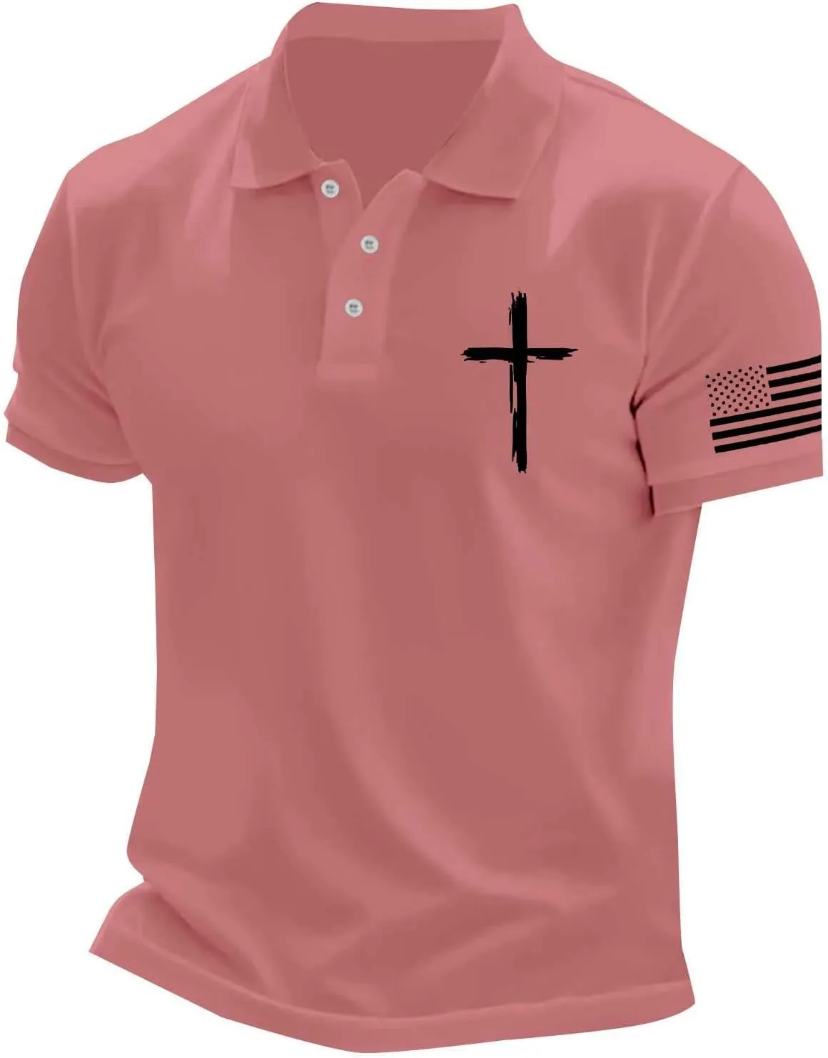 Polo Shirts for Men Christian Cross American Flag Pirnt Golf T-Shirts Summer Short Sleeve Button Down Patriotic Tops