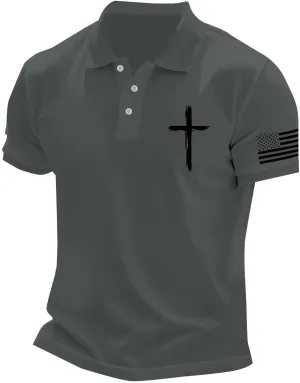 Polo Shirts for Men Christian Cross American Flag Pirnt Golf T-Shirts Summer Short Sleeve Button Down Patriotic Tops