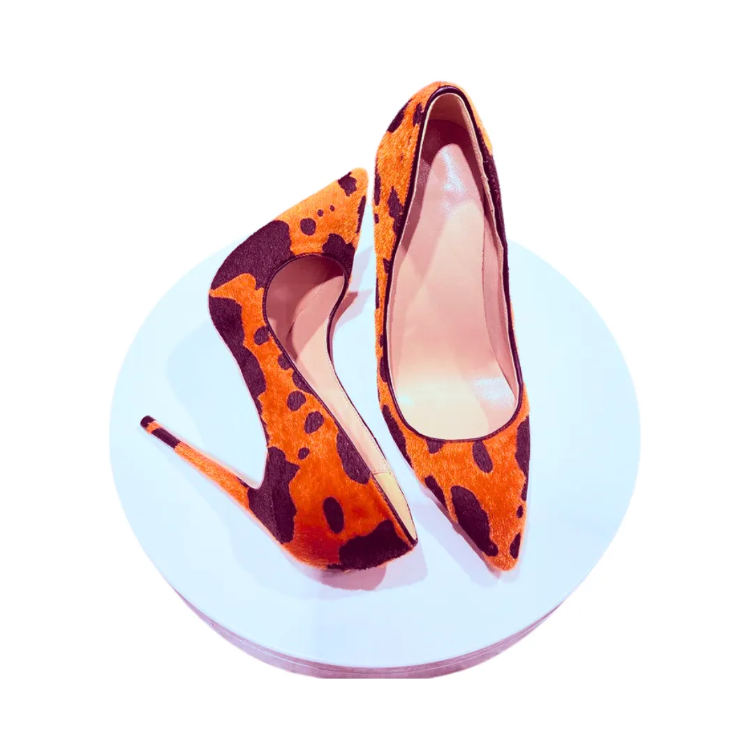 Pre Order:  Orange Cow Printed Flock Pointed-Toe Shoes