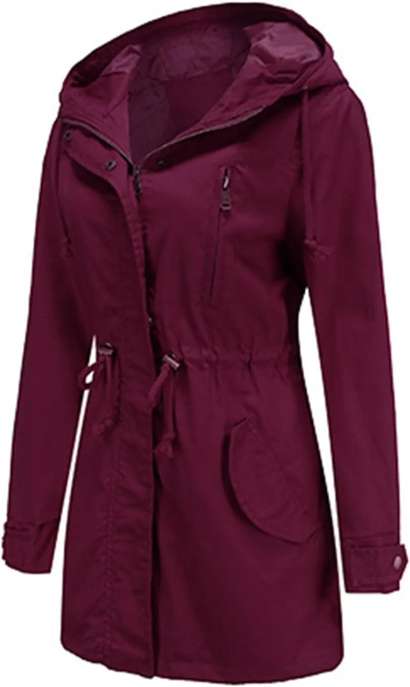 Rain Jacket Women Lightweight Raincoat Waterproof Windbreaker Hiking Climbing Outdoor Drawstring Hooded Trench Coats