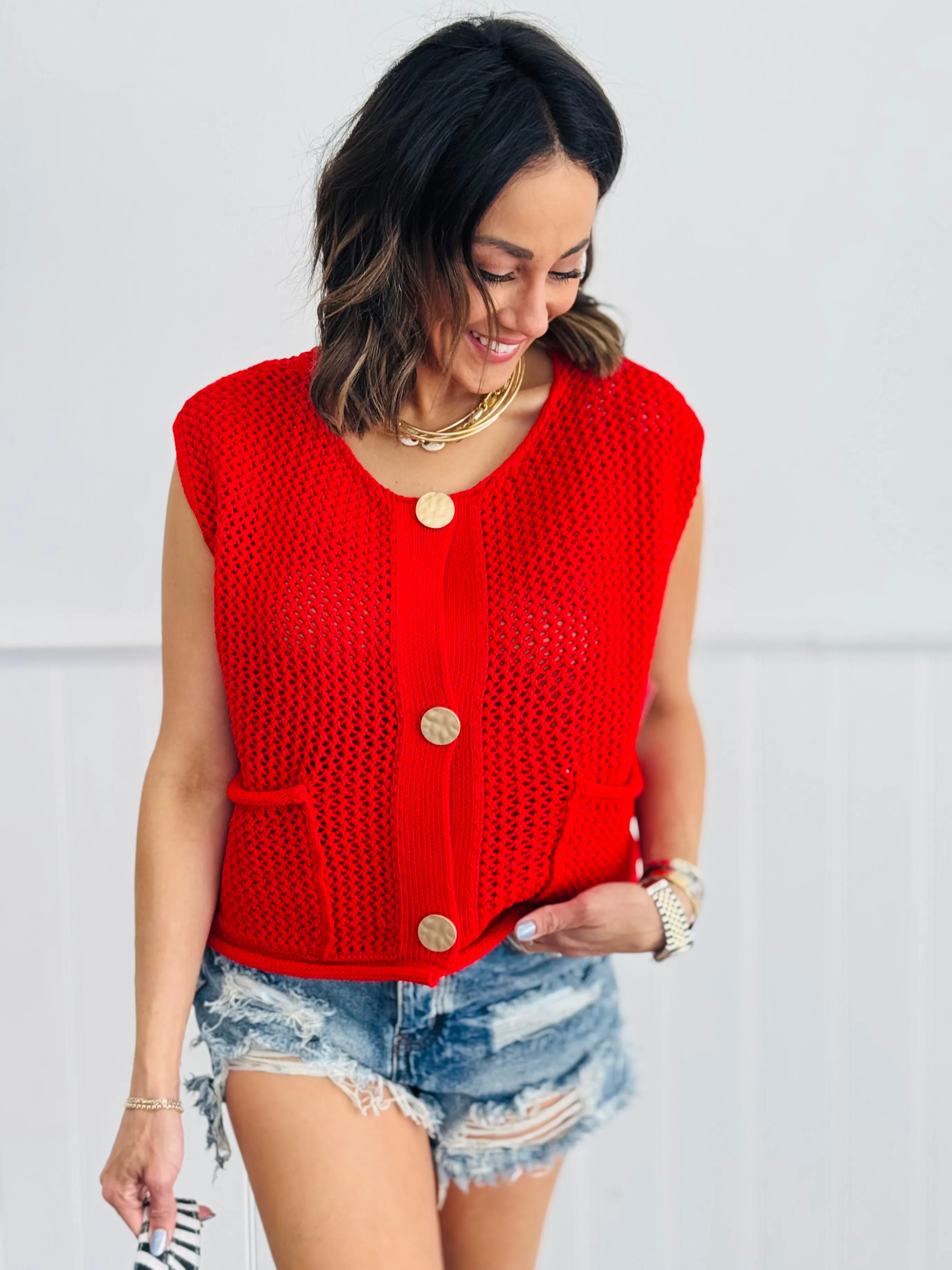 Red Knit Sweater Cardigan (Reg.)