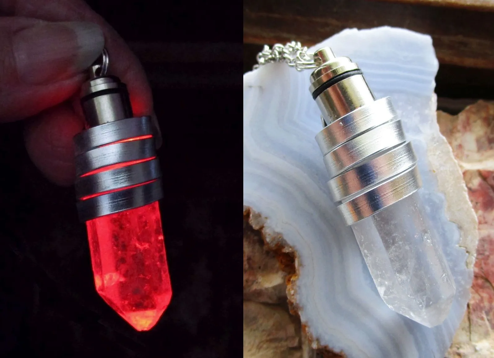 Red Light Up Natural LED Quartz Point Crystal Pendant Necklace