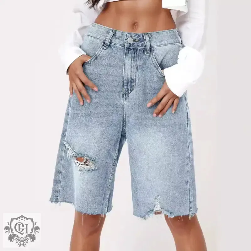 Retro High Waist Distressed Denim Shorts