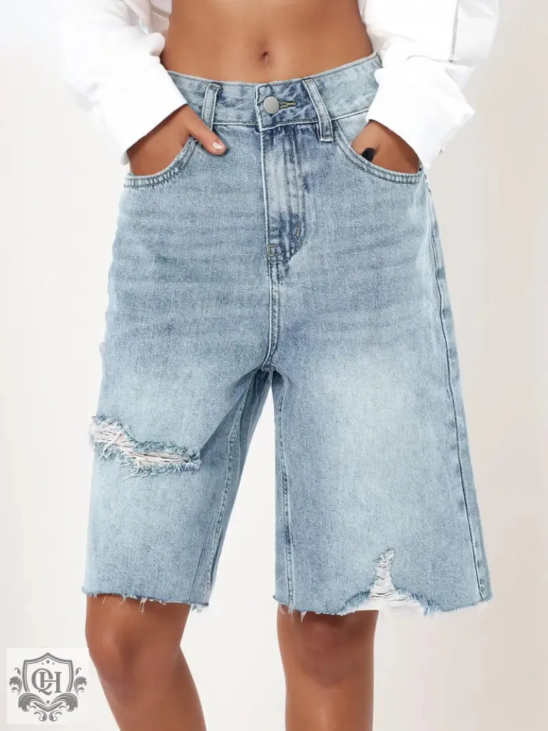 Retro High Waist Distressed Denim Shorts