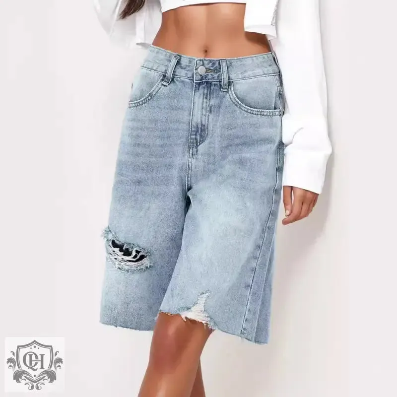 Retro High Waist Distressed Denim Shorts