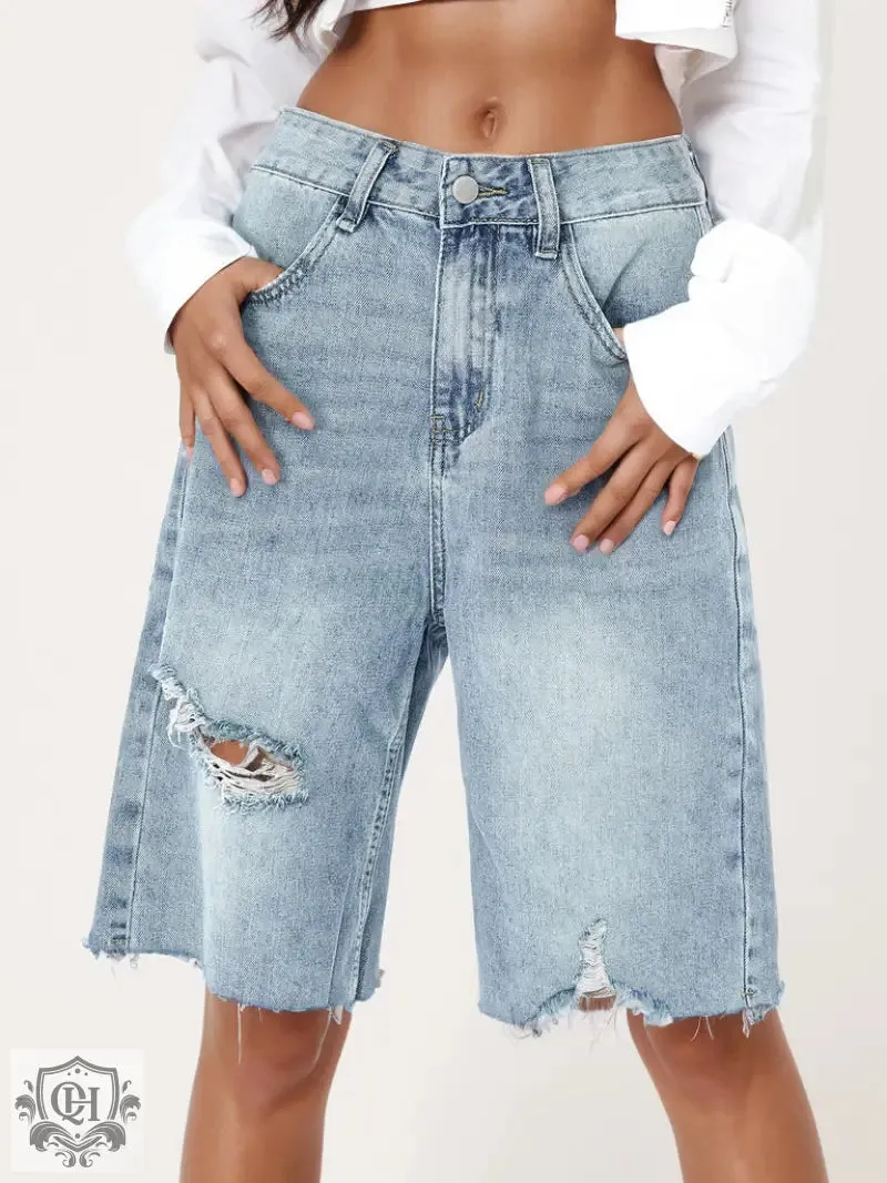 Retro High Waist Distressed Denim Shorts