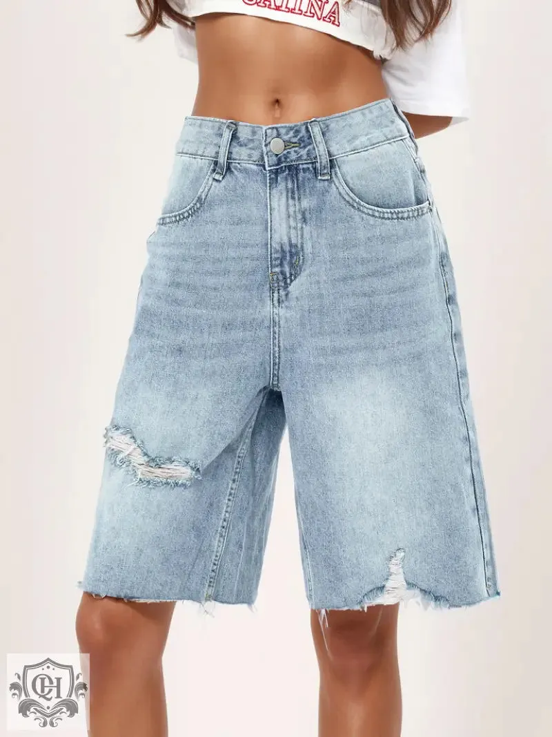 Retro High Waist Distressed Denim Shorts