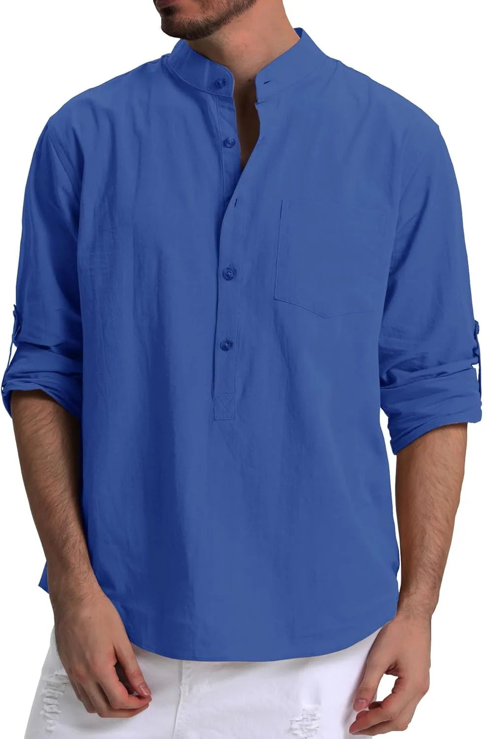 RPOVIG Men's Linen Shirts Long Sleeve Button Down Beach Shirt Henley Casual T Shirt Summer Clothes Soft Lightweight