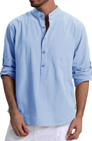 RPOVIG Men's Linen Shirts Long Sleeve Button Down Beach Shirt Henley Casual T Shirt Summer Clothes Soft Lightweight