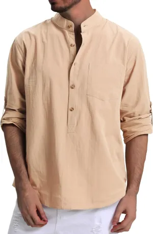 RPOVIG Men's Linen Shirts Long Sleeve Button Down Beach Shirt Henley Casual T Shirt Summer Clothes Soft Lightweight