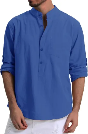 RPOVIG Men's Linen Shirts Long Sleeve Button Down Beach Shirt Henley Casual T Shirt Summer Clothes Soft Lightweight