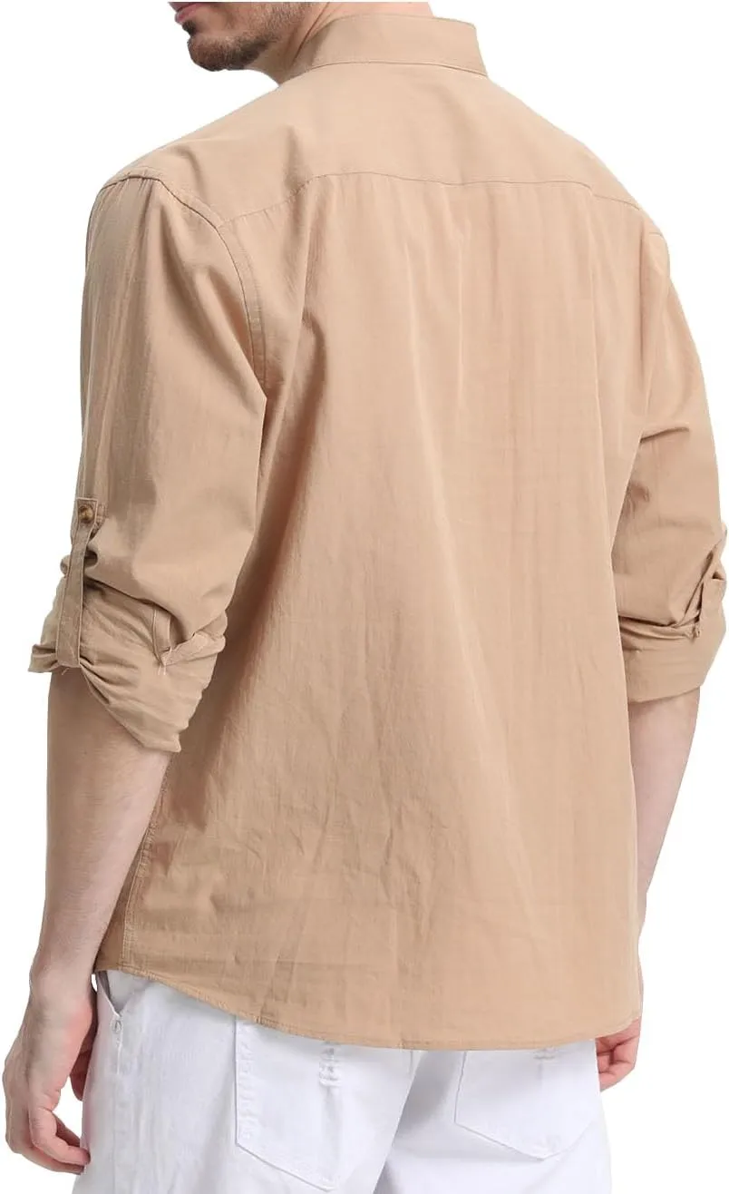 RPOVIG Men's Linen Shirts Long Sleeve Button Down Beach Shirt Henley Casual T Shirt Summer Clothes Soft Lightweight