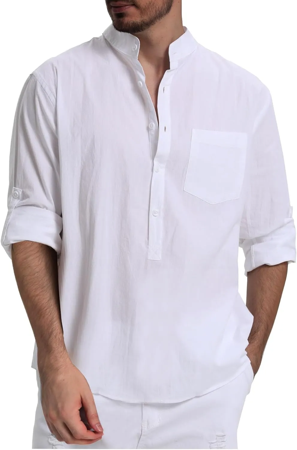 RPOVIG Men's Linen Shirts Long Sleeve Button Down Beach Shirt Henley Casual T Shirt Summer Clothes Soft Lightweight