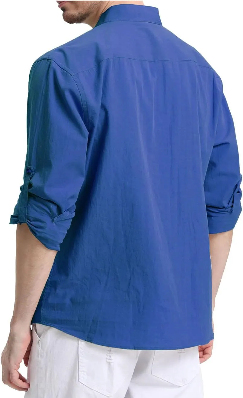 RPOVIG Men's Linen Shirts Long Sleeve Button Down Beach Shirt Henley Casual T Shirt Summer Clothes Soft Lightweight